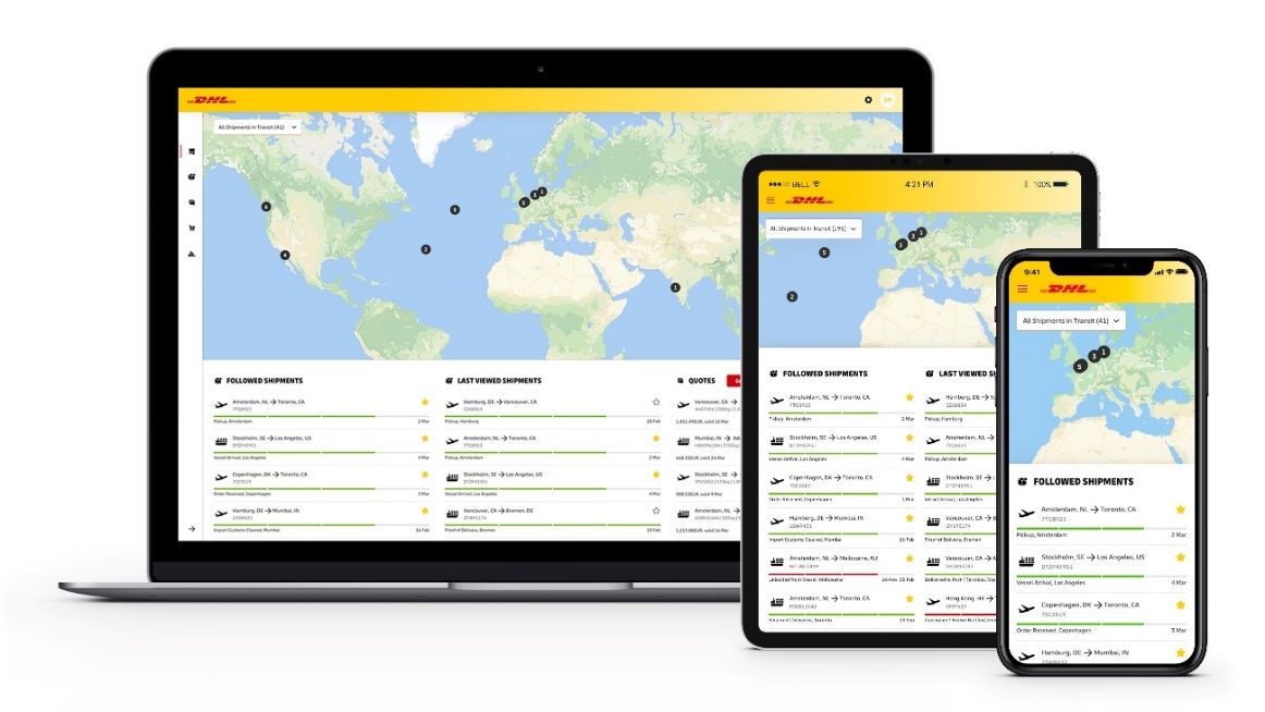 Mock-up of the myDHLi customer portal interface showing shipment tracking on a phone and desktop screen.
